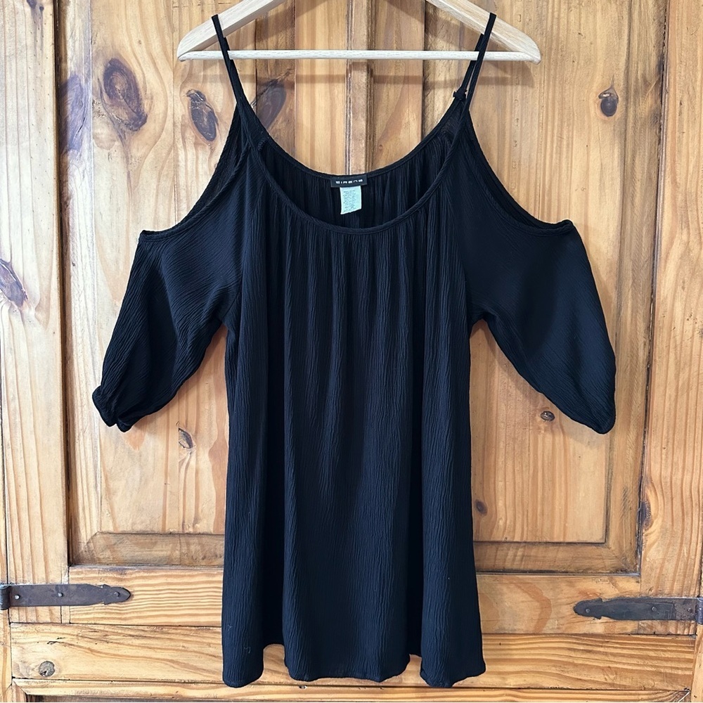 Sirens Black Cold Shoulder Women's Top Tunic Mini Dress Crinkle Fabric - Medium